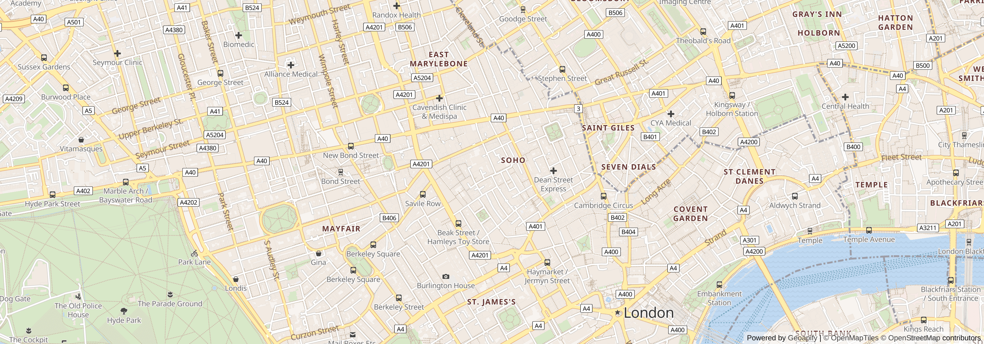 Street map of Soho, Westminster, London showing local roads and surrounding areas