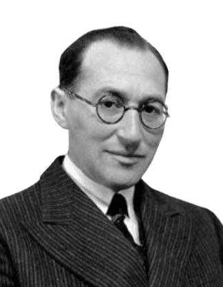 A black-and-white portrait of a man with round glasses, a slight smile, and neatly combed hair, dressed in a pinstripe suit, white shirt, and tie. His formal attire and composed expression suggest a professional or intellectual figure from the mid-20th century, exuding an air of quiet confidence and intellect.