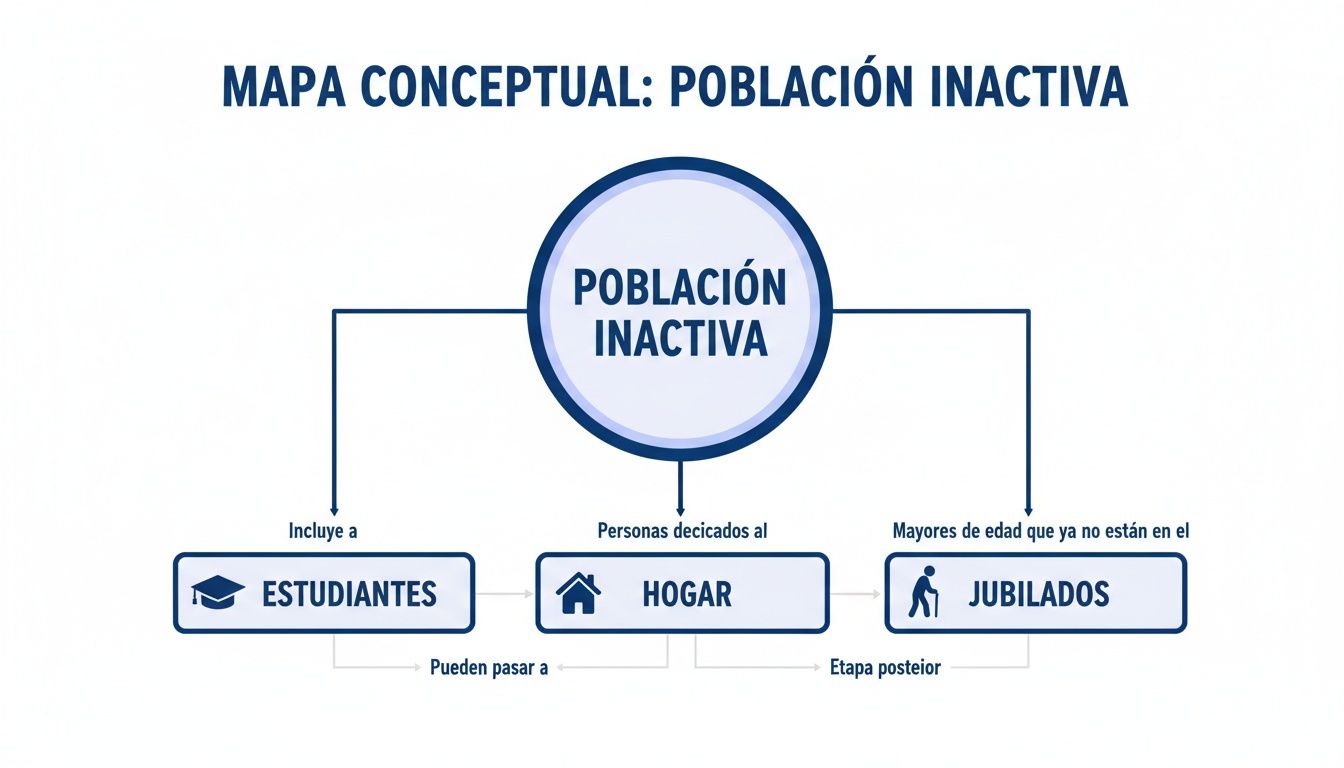 Mapa conceptual de la población inactiva, mostrando categorías como estudiantes, hogar y jubilados.