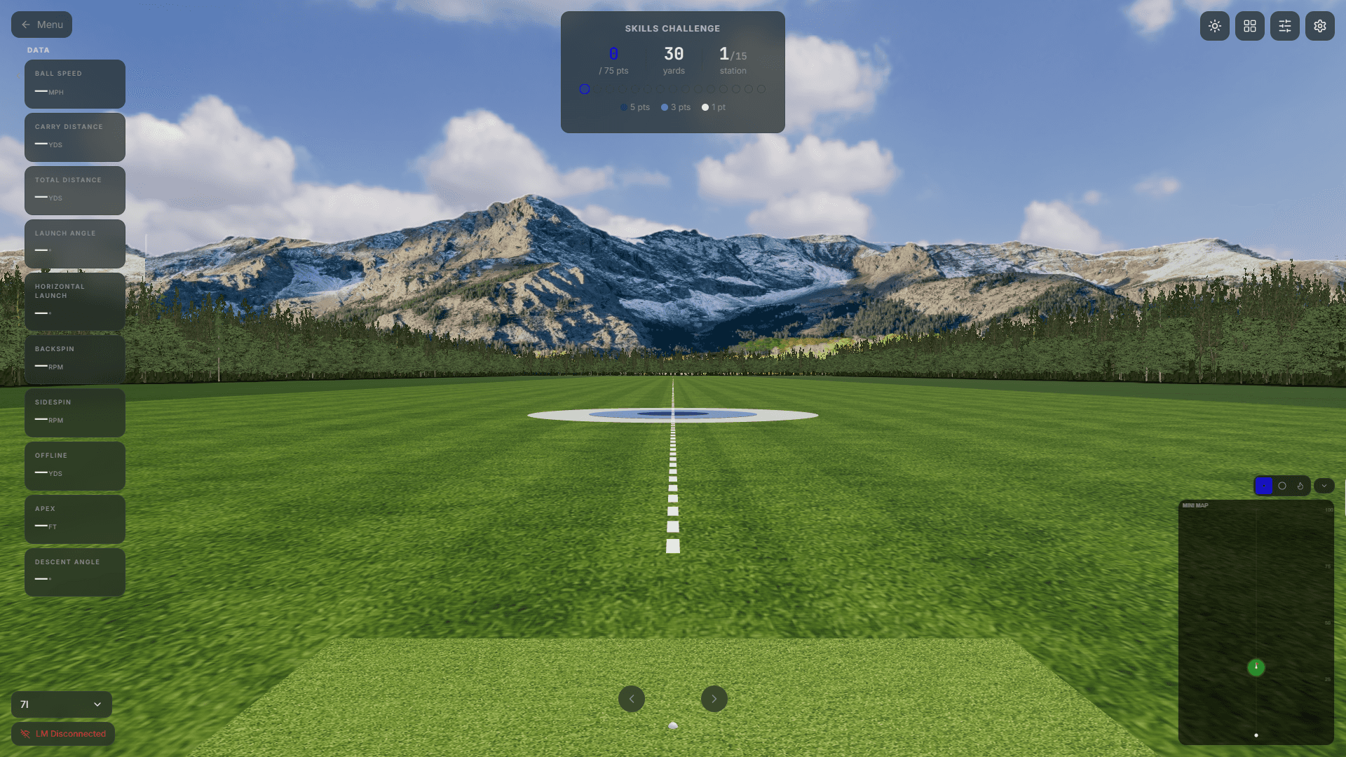 ShotForge skills challenge mode with structured golf target practice from short wedges to full drive distances