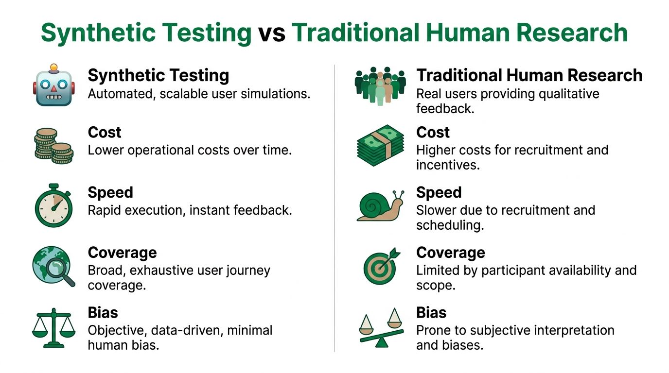 A comparison chart showing the differences between automated synthetic testing and traditional human user research.