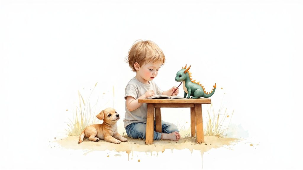 A young child draws in a book with a green toy dragon and a puppy nearby.