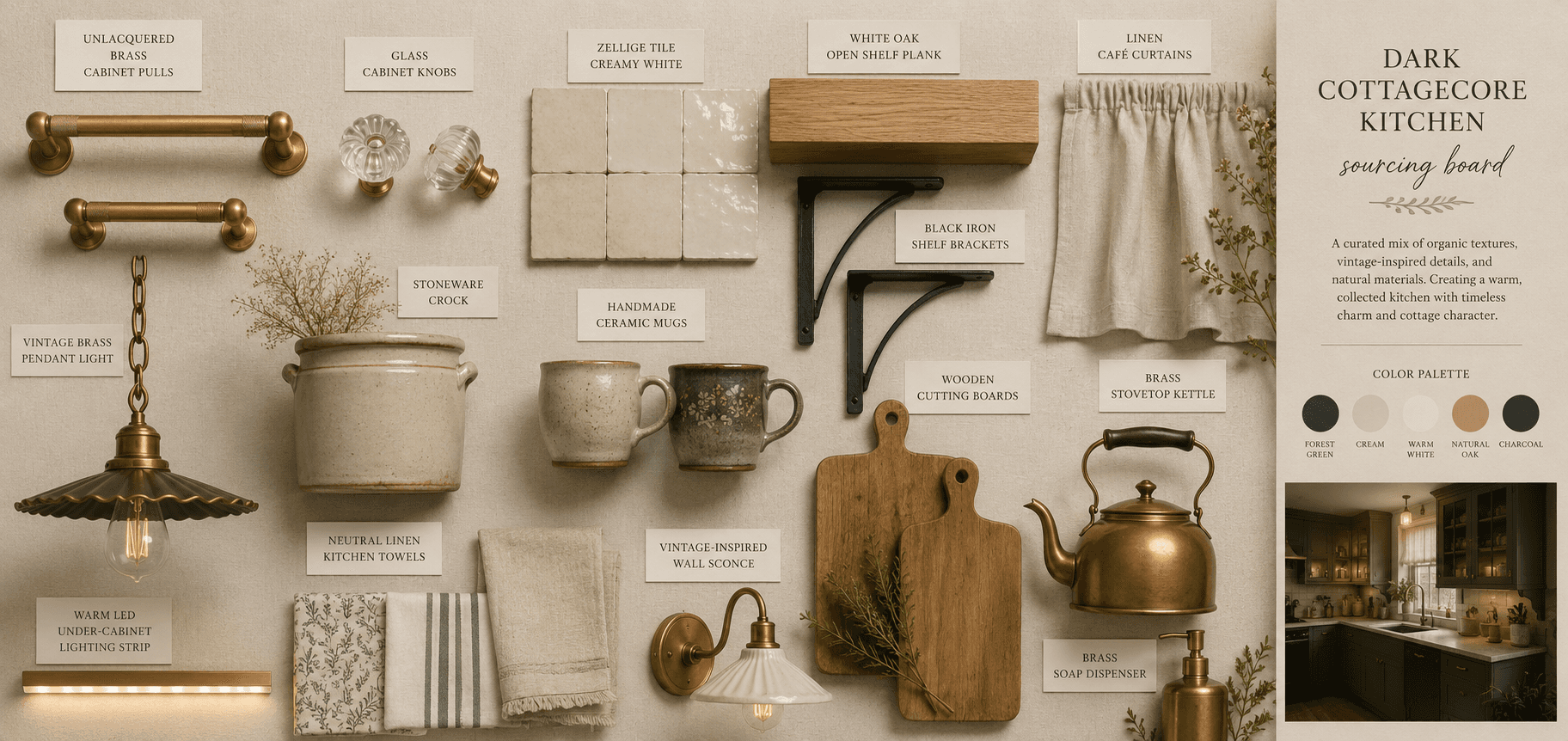 Dark cottagecore kitchen mood board featuring unlacquered brass cabinet pulls, glass cabinet knobs, creamy white zellige tile, white oak open shelf plank, linen café curtains, vintage brass pendant light, stoneware crock, handmade ceramic mugs, black iron shelf brackets, wooden cutting boards, brass stovetop kettle, neutral linen kitchen towels, vintage-inspired wall sconce, warm LED under-cabinet lighting strip, and brass soap dispenser. The board highlights a curated mix of organic textures, vintage-inspired details, and natural materials in a warm, timeless color palette of forest green, cream, warm white, natural oak, and charcoal