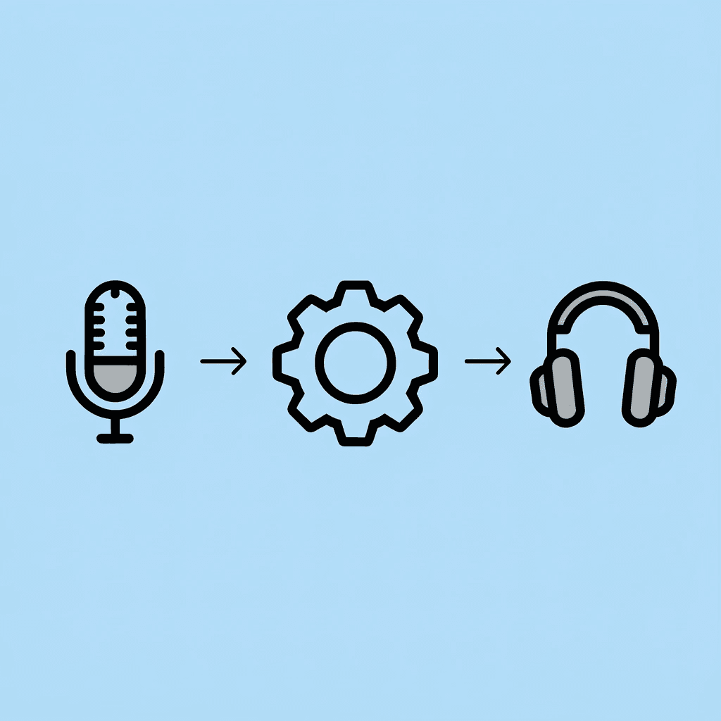 Three-step process showing text document converting to audio waves to speaker icon