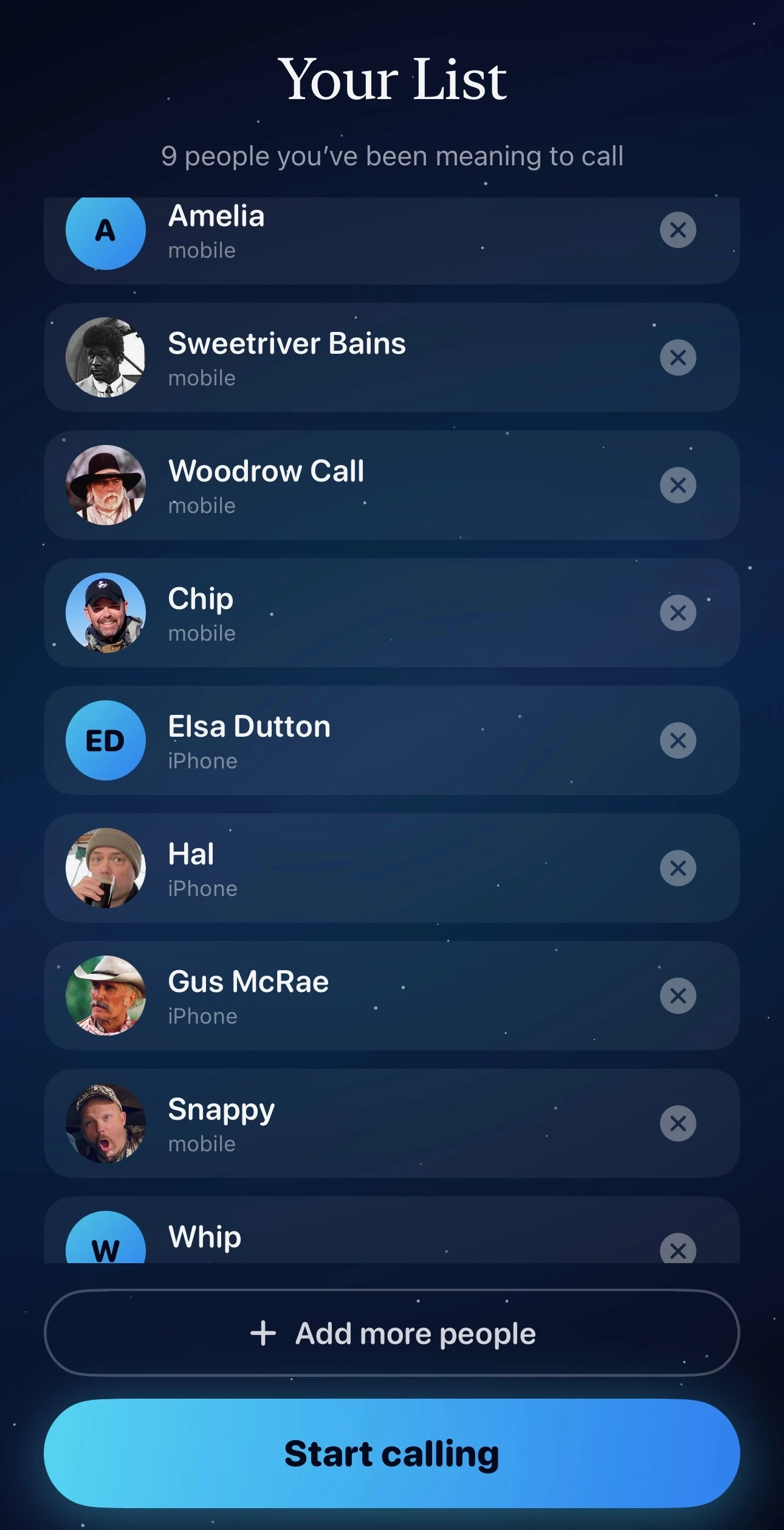 Out of the Blue app screen showing the contact list