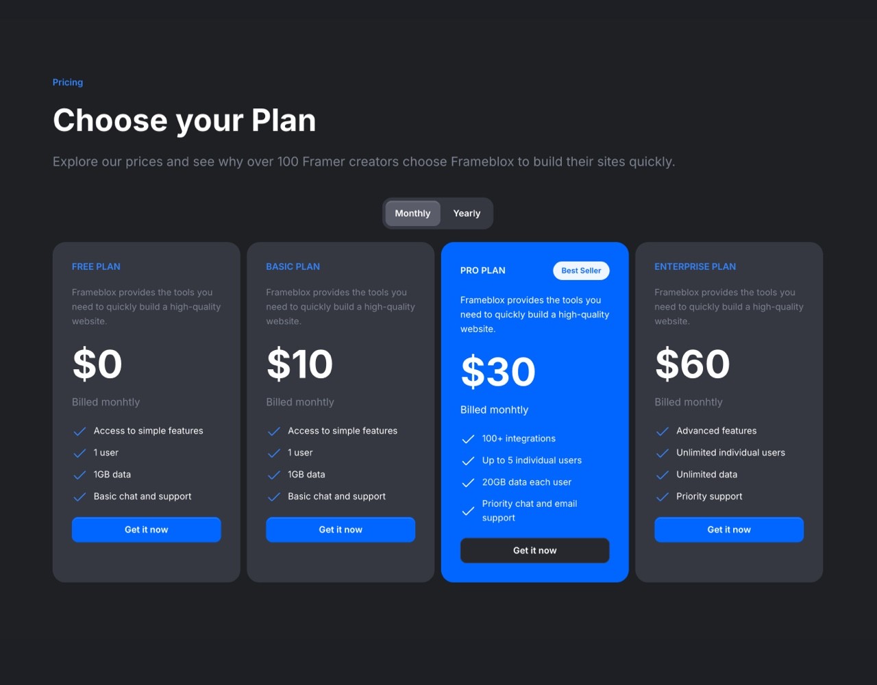 Framer Dark Pricing Section - Frameblox UI