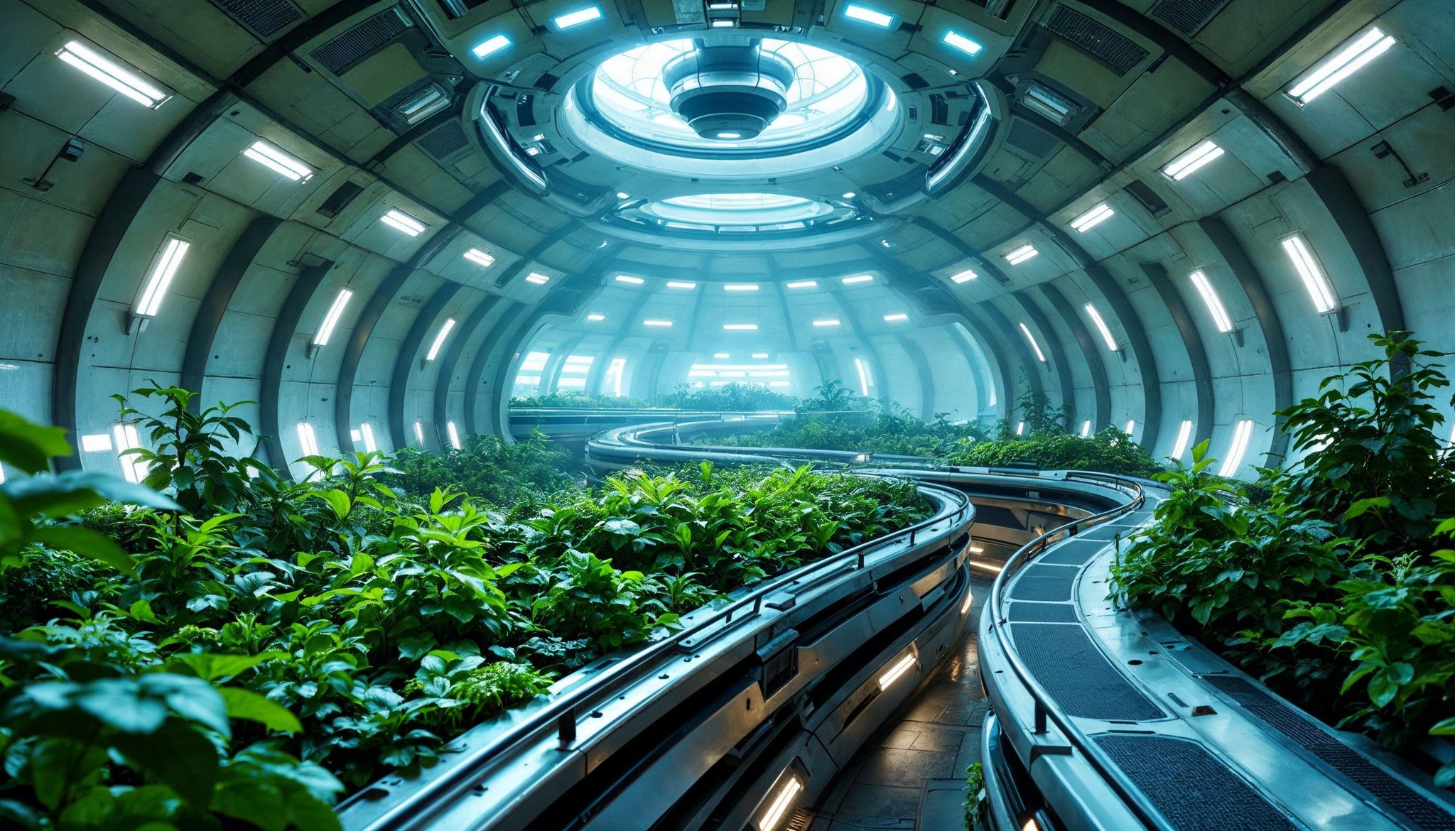 A futuristic indoor garden with lush greenery growing along curved pathways, illuminated by circular lights on the ceiling and walls. The architecture is metallic and sleek, resembling a modern spaceship environment.