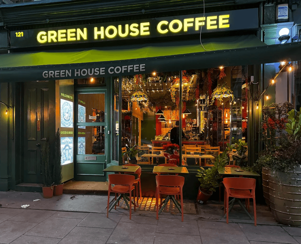 View of the face of green house coffee cafe from the pavement