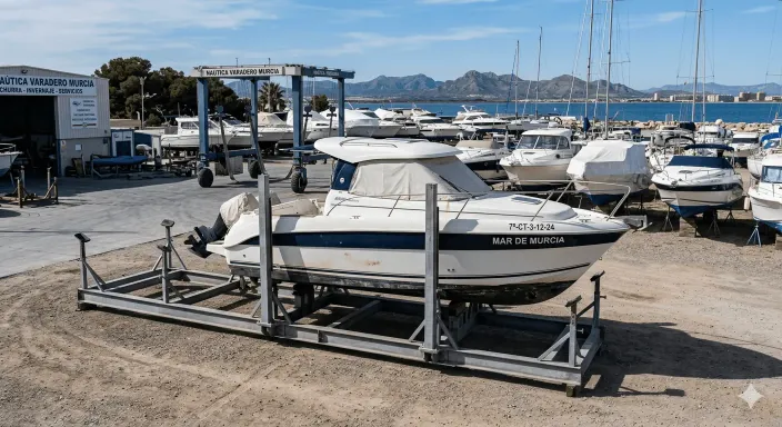 Embarcaciones de recreo invernando en seco en una marina de La Manga, situación que requiere continuidad de cobertura.