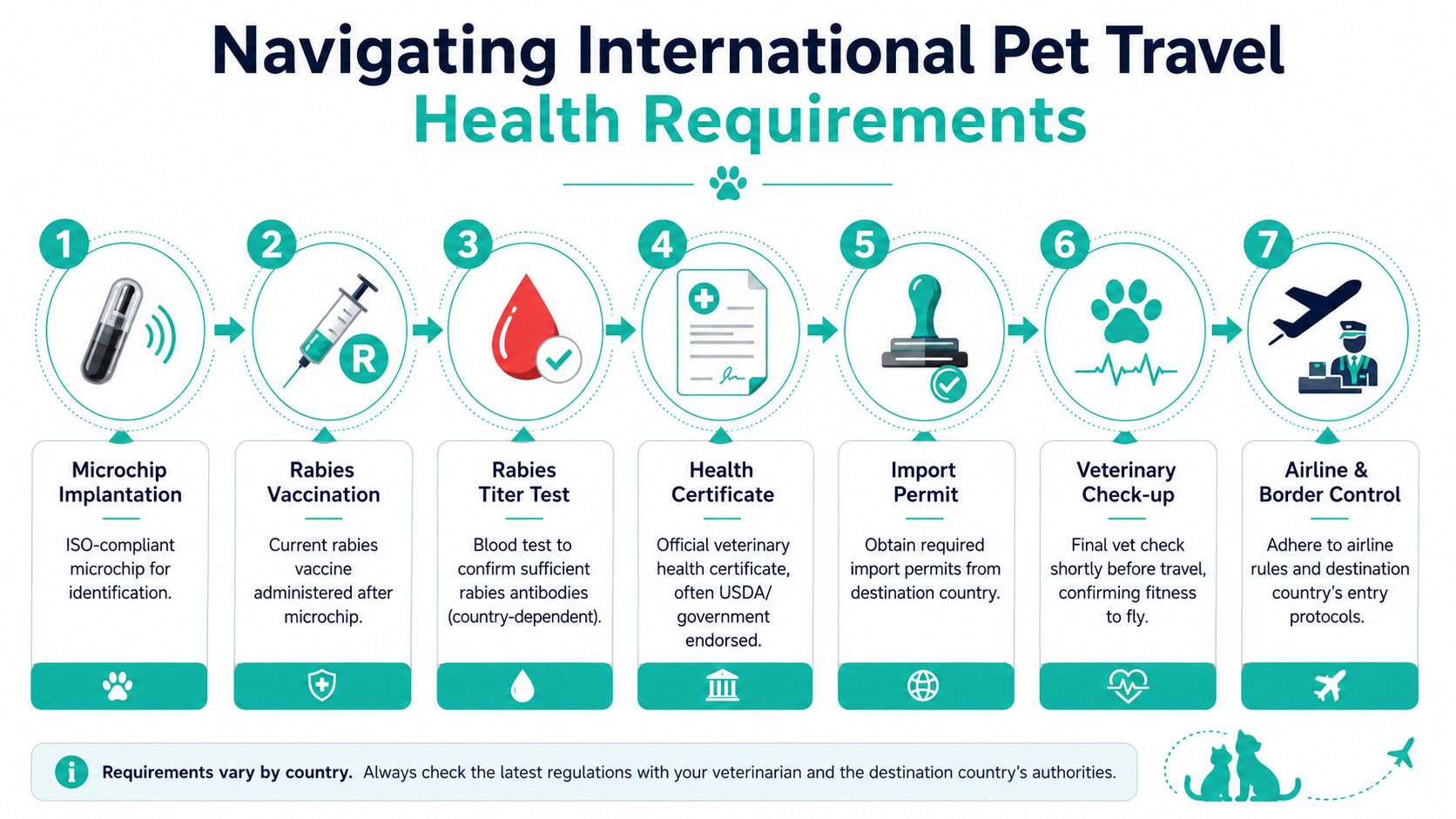 An infographic showing seven sequential steps for preparing pets for international travel health requirements and regulations.