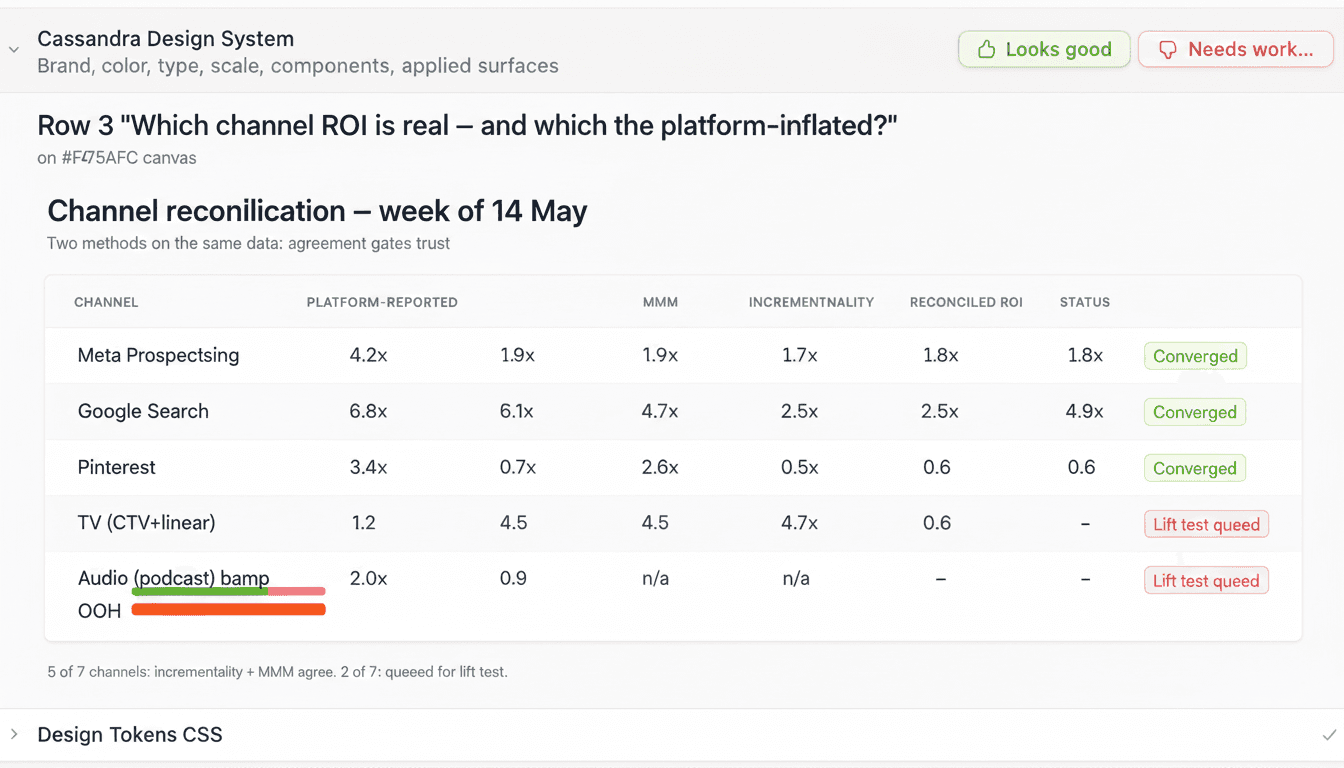 Cassandra UI — 7-row reconciliation table with platform-reported, MMM, incrementality, reconciled ROI, and convergence status per channel.