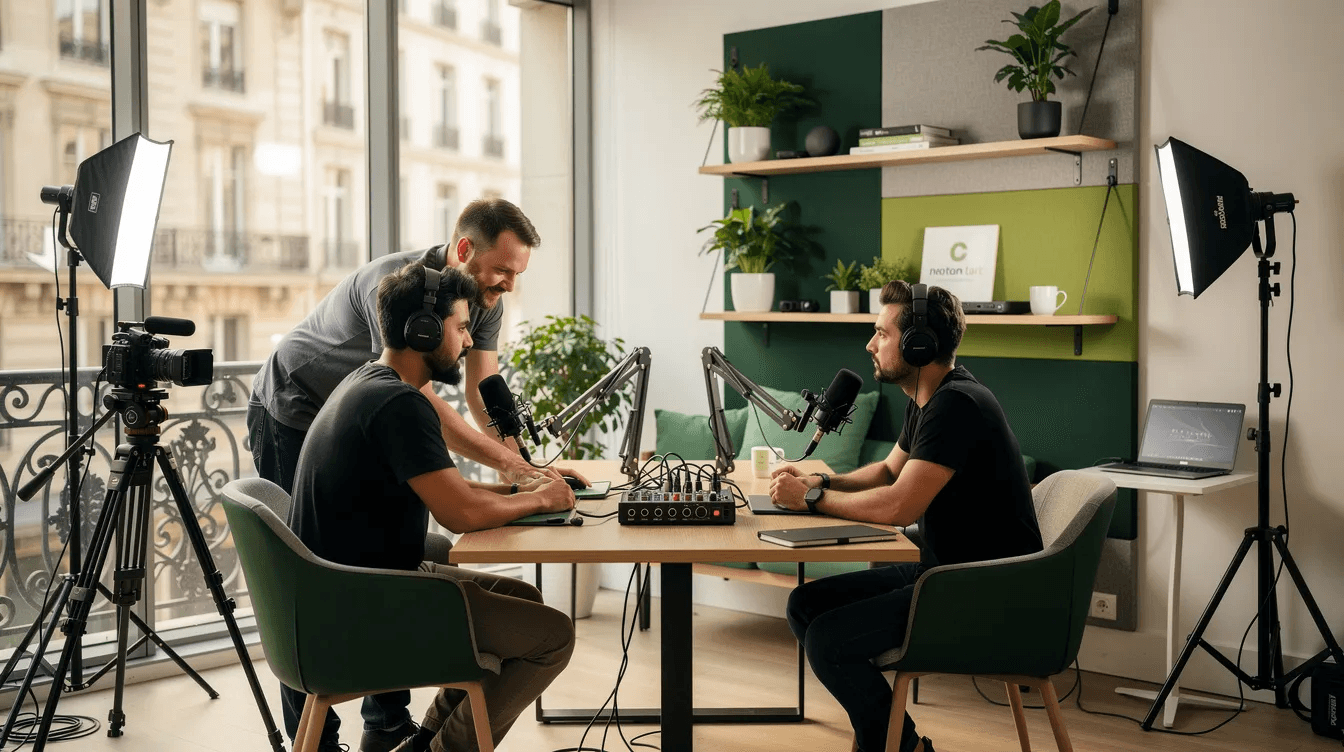 Une équipe de tournage installe un plateau de podcast dans un bureau moderne à Paris, entourée de matériel haut de gamme et d'un décor soigné. L'environnement est idéal pour la création de contenus de qualité, adapté aux professionnels et entrepreneurs.