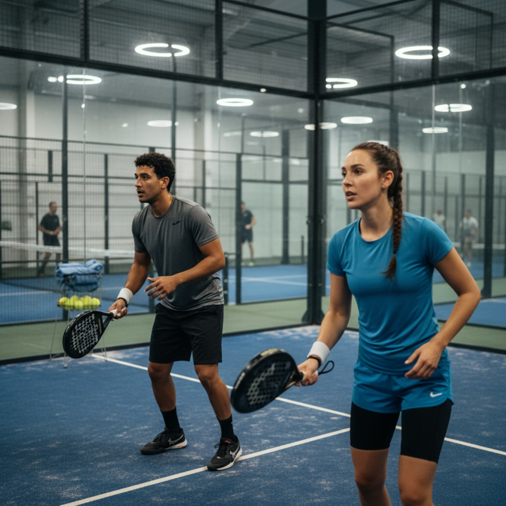 Ein beleuchteter Indoor-Padel-Court kurz vor Spielbeginn, die Linien glänzen leicht im reflektierten Licht. Zwei Spieler wärmen sich konzentriert mit lockeren Volleys auf. Im Hintergrund schimmern weitere Courts durch das Glas. Die Stimmung ist fokussiert und sportlich, ohne Ablenkungen.
