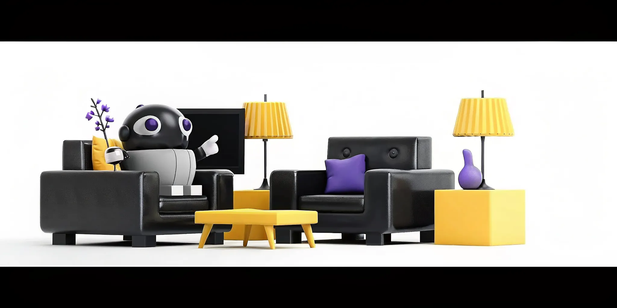 3D animated AI character reacting with expressive gestures in a cozy room