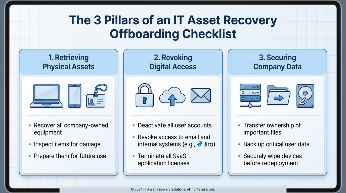An infographic detailing the three key areas of an IT asset recovery offboarding checklist: retrieving physical assets, revoking digital access, and securing company data.