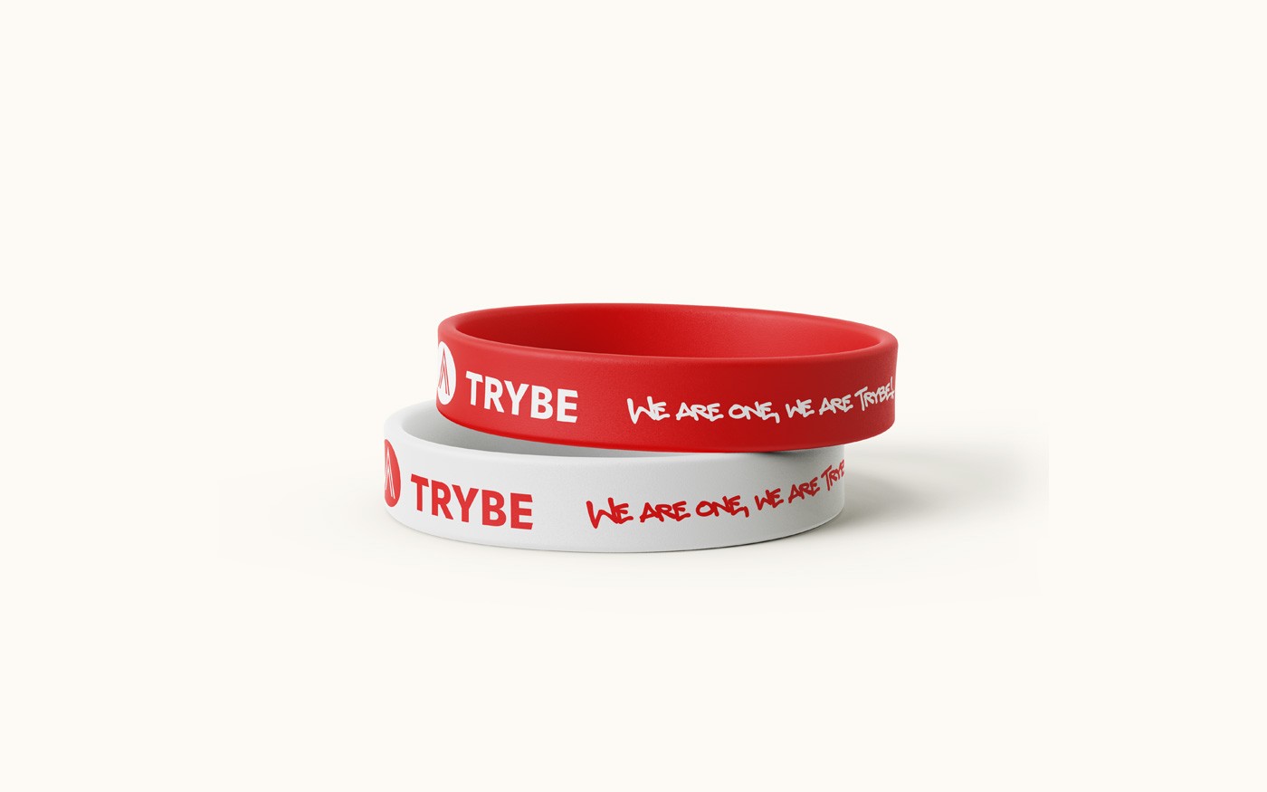 Rubber bands in red and white with Trybe Recruitment logo 