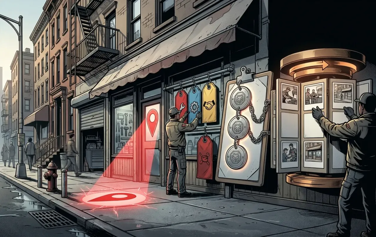 Street scene with digital marketing visuals by RockN' Socials agency.