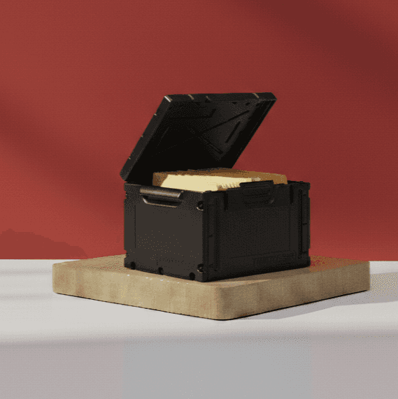 Heavy-duty black archive storage box with a visible security seal mechanism on a wooden base.