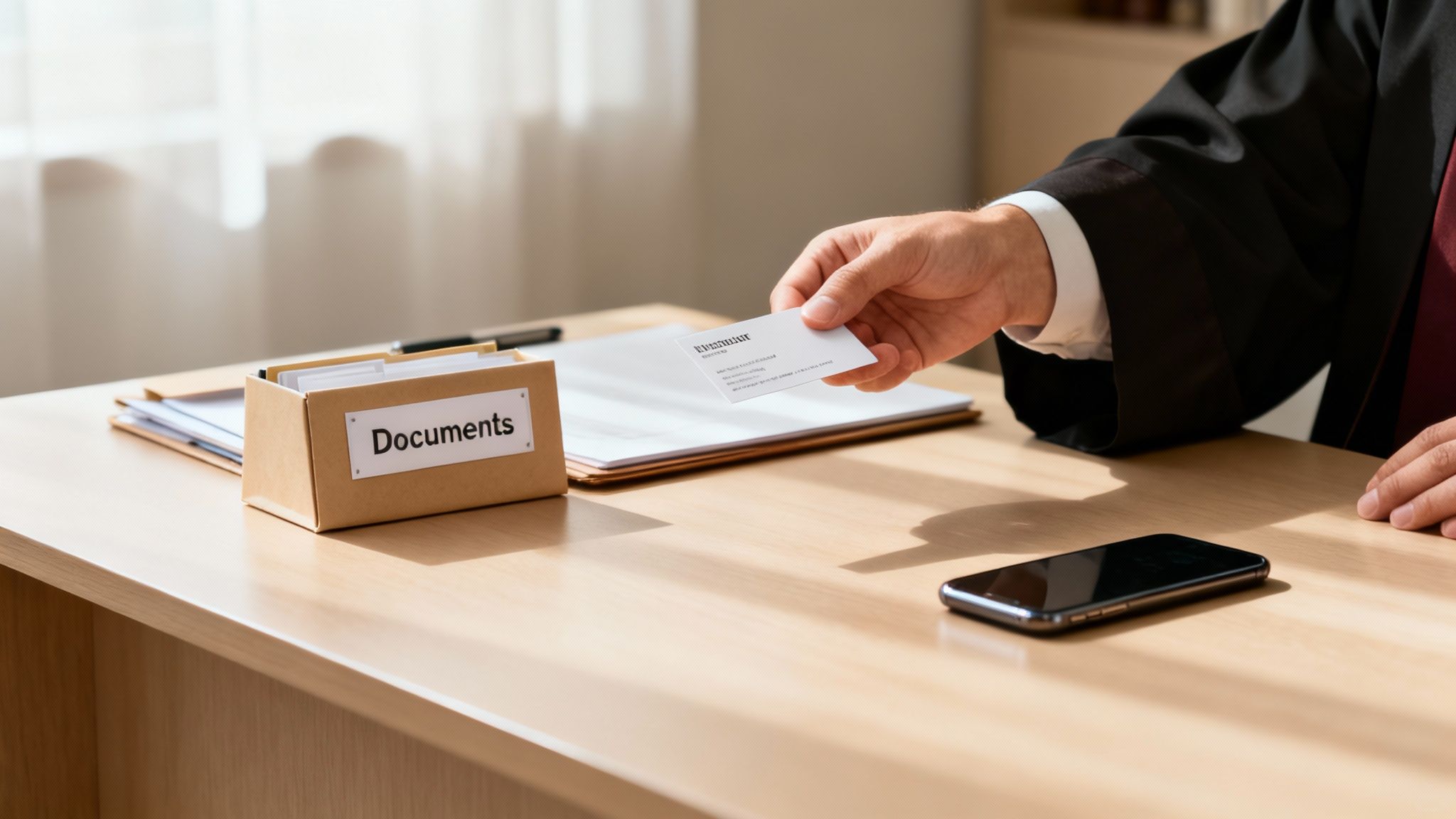 A legal professional in a robe hands over a business card at a desk with a document box.