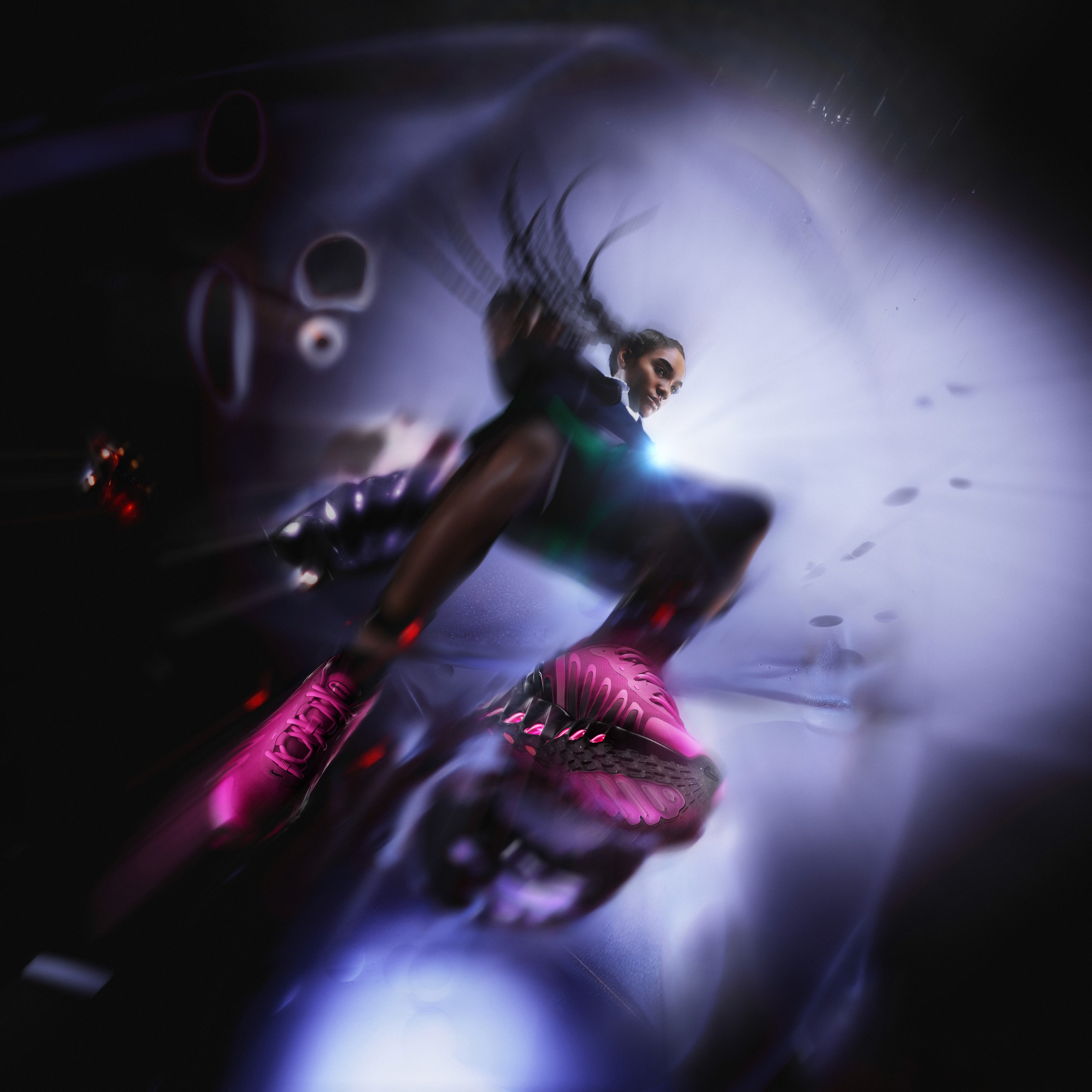 Athlete mid-jump viewed from below, wearing bright pink sneakers, with dramatic motion blur and swirling light effects that emphasize speed and impact.