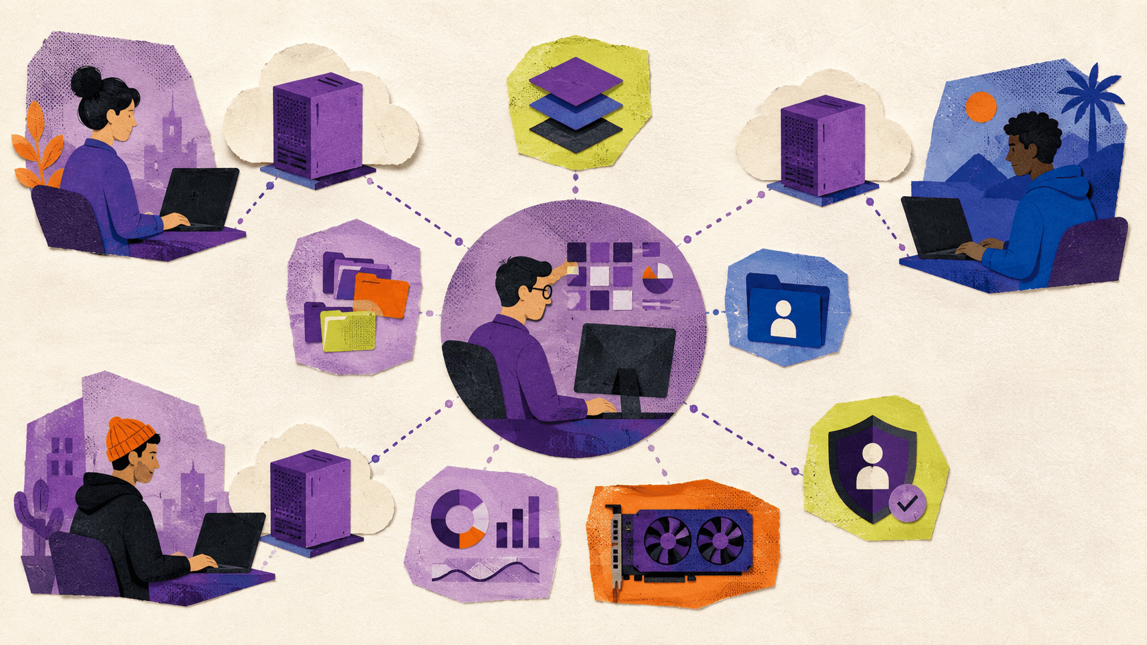 A distributed team receiving assigned high-performance cloud computers through a centralized team workspace.