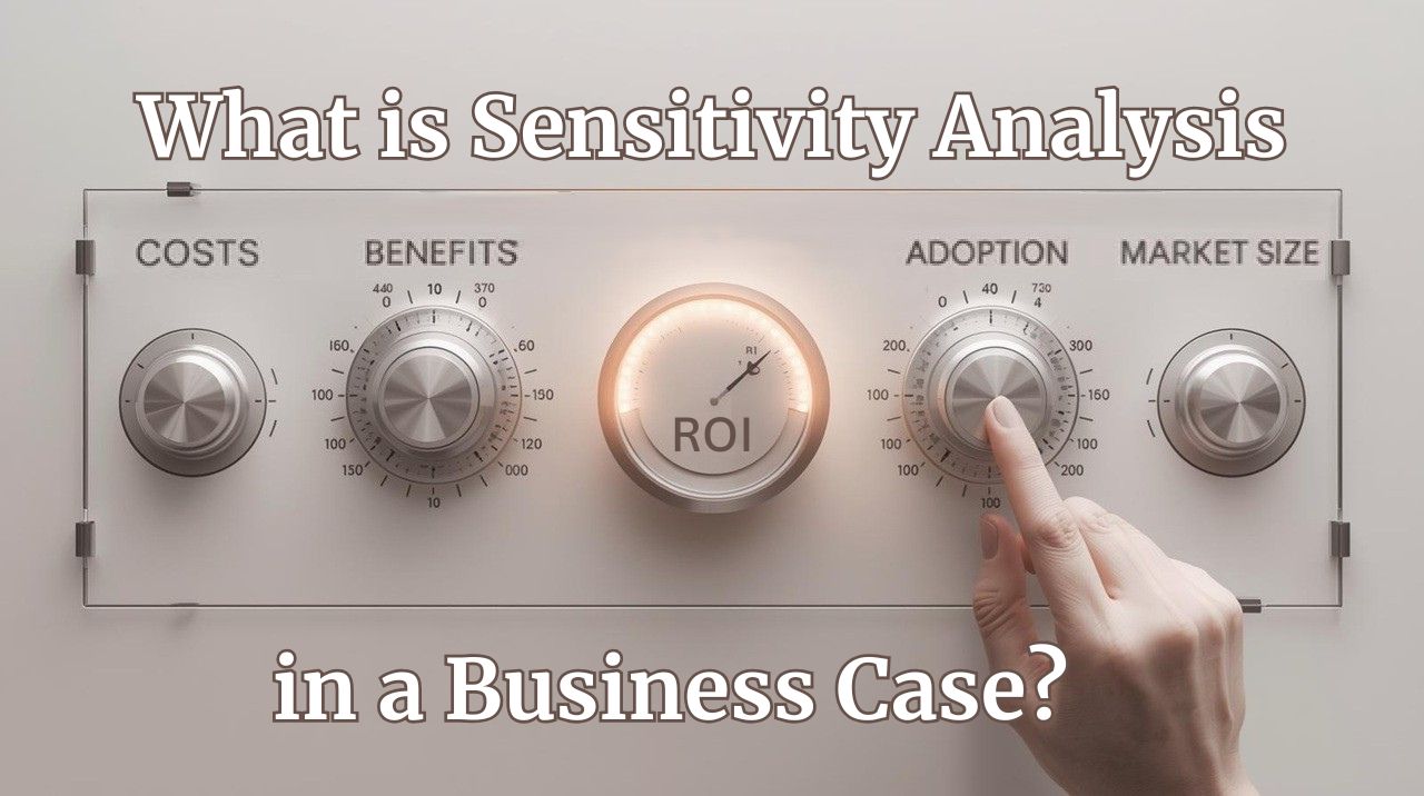 A set of adjustable dials split into 2 groups; on the left are two dials labeled “Costs” and “Benefits”, while on the right are two dials labeled “Adoption”, and "Market Size". Each dial subtly affects a central gauge labeled “ROI”, while the “Adoption Rate” dial is being fine-tuned by a hand. A title reads “What is Sensitivity Analysis in a Business Case?”