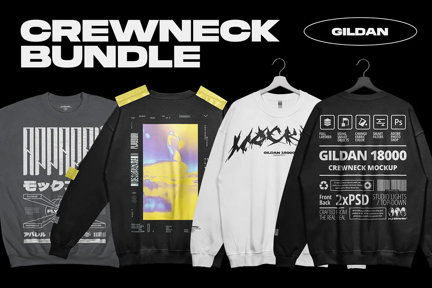 Gildan 18000 Crewneck Mockup bundle preview showing multiple apparel design examples