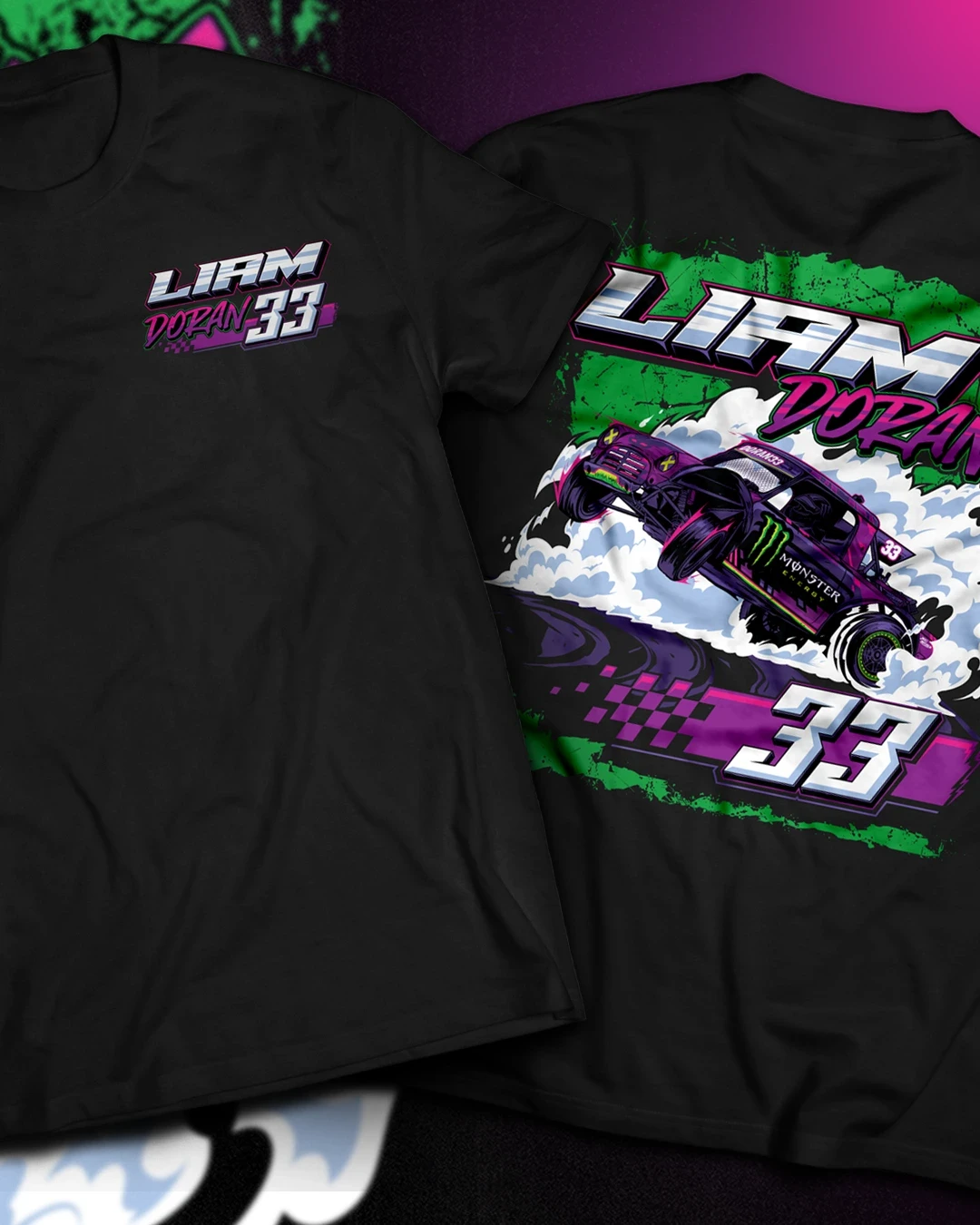 Custom motorsport T-shirt design mockup showing illustrated racing artwork alongside a black apparel garment for off-track wear.