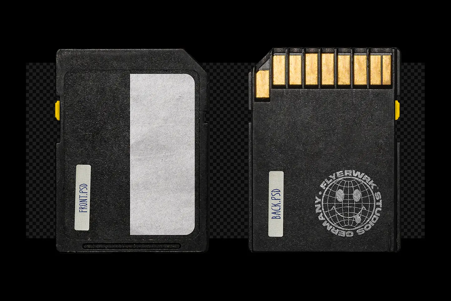 SD Card Mockup displaying both front and back design options with professional realistic lighting and shadows