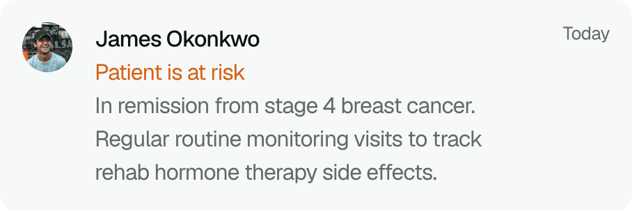 UI card showing a patient profile for James Okonkwo flagged as "Patient is at risk" with a clinical summary about breast cancer remission