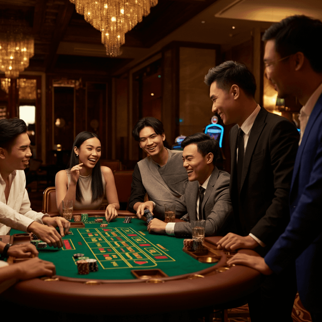 Group of asian friends gathered around a casino table, laughing and enjoying the game together, atmosphere of camaraderie and fun, modern Asian casino interior, vibrant yet refined style.