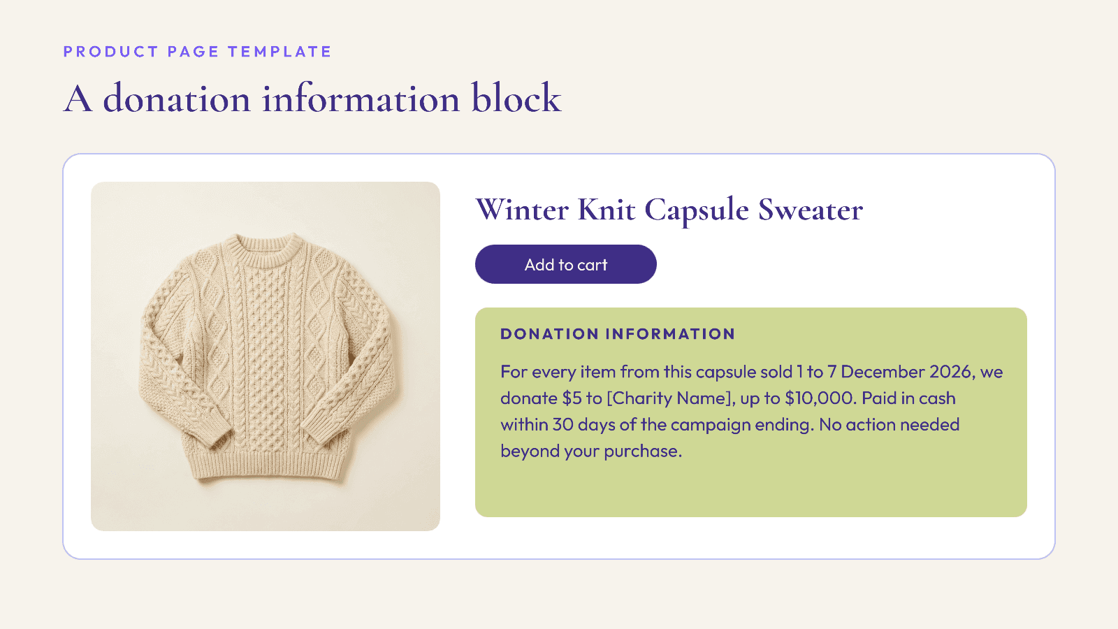 Template product page with a donation information block for a GivingTuesday capsule