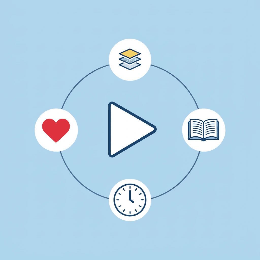  Central audio icon connected to four surrounding elements: video visuals, music, pacing, and emotional tone