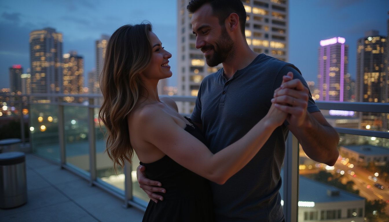 A couple dances closely on a rooftop lounge with a vibrant Downtown Miami skyline in the background.