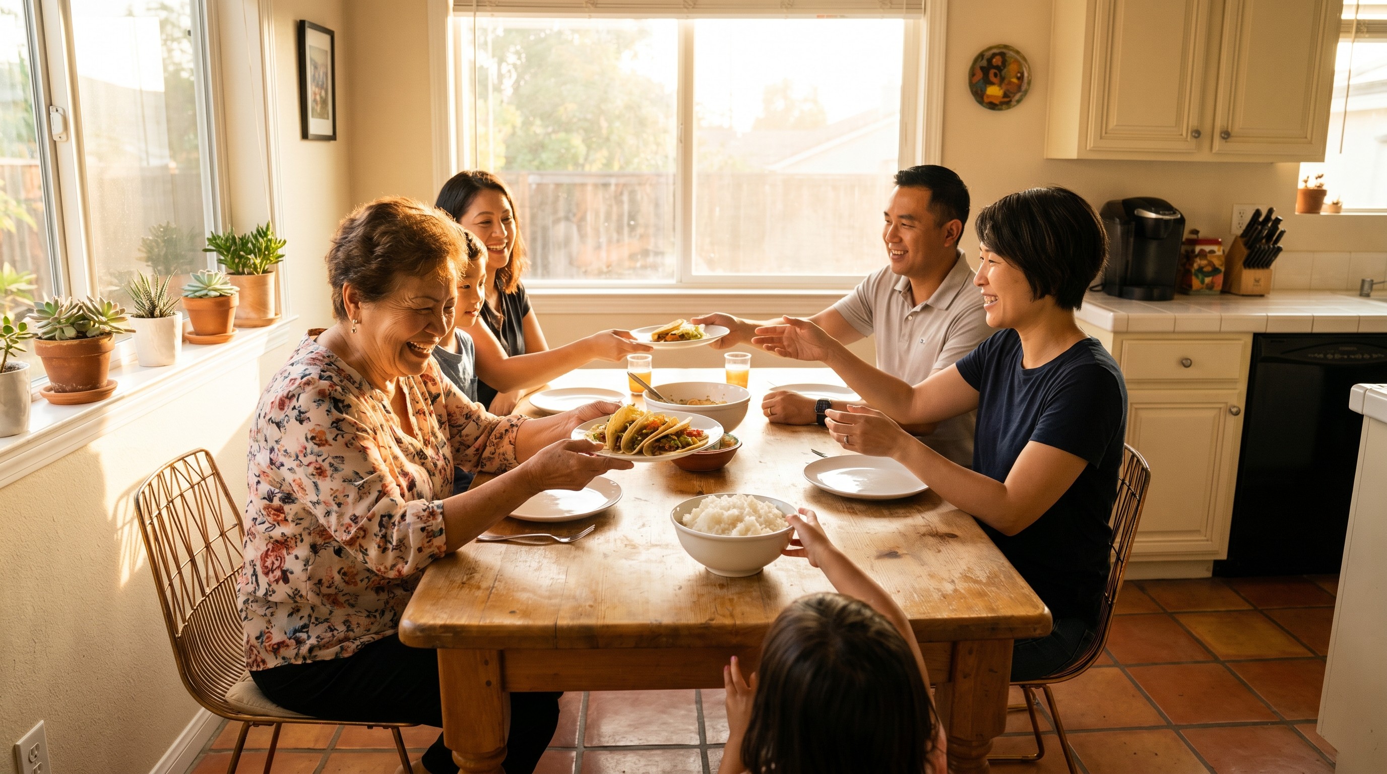 Multigenerational Southern California family sharing a soft, warm meal together in golden afternoon light at home