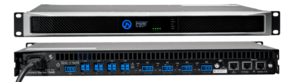 Two LEA Professional 704D amplifiers, front and back.