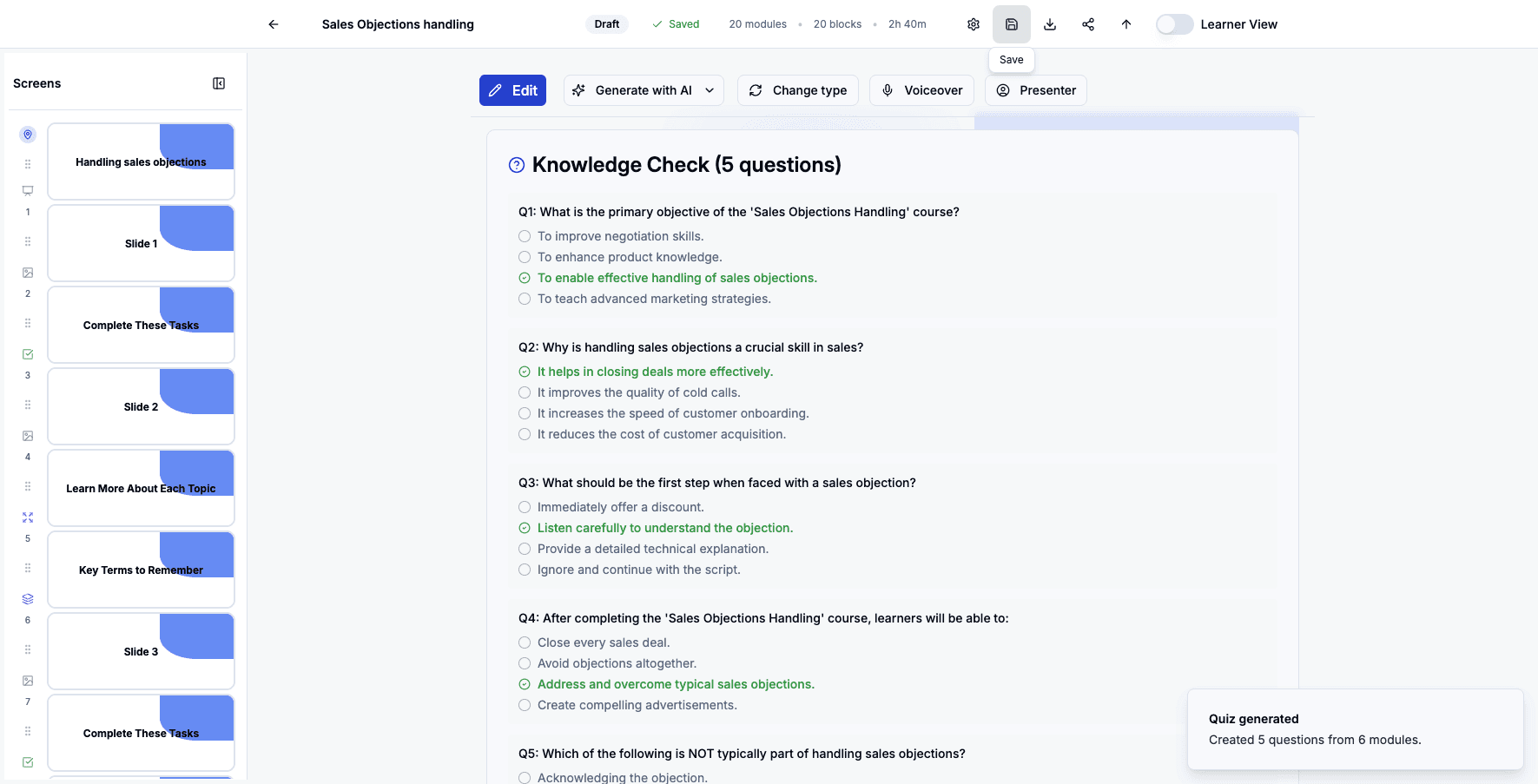 Click 'Save' to finalize all your quiz edits and question configurations.