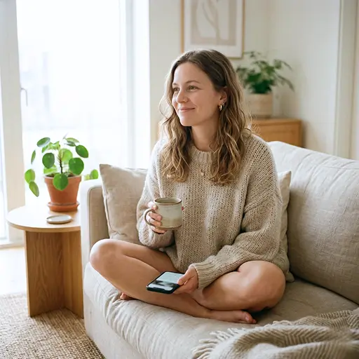 A woman relaxes on a couch with a hot drink and her phone, using Whisprice to track Uniqlo Limited-Time Offers and set price drop alerts for jeans and apparel.