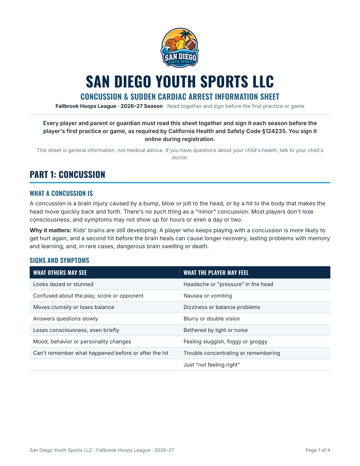 SDYS Concussion & Sudden Cardiac Arrest Information Sheet, page 1 of 4