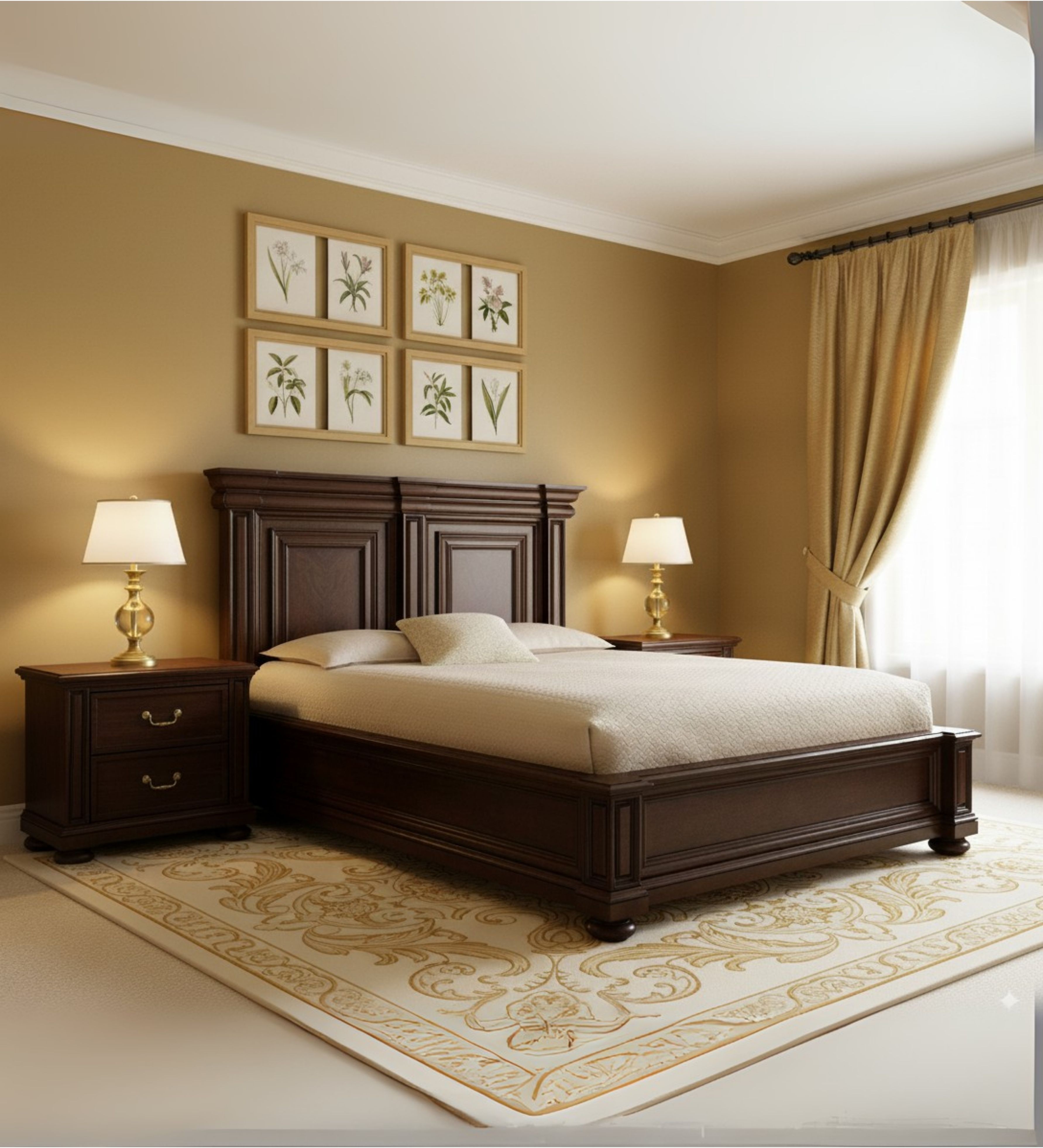 Classic wooden bed with stepped headboard design and broad side rails