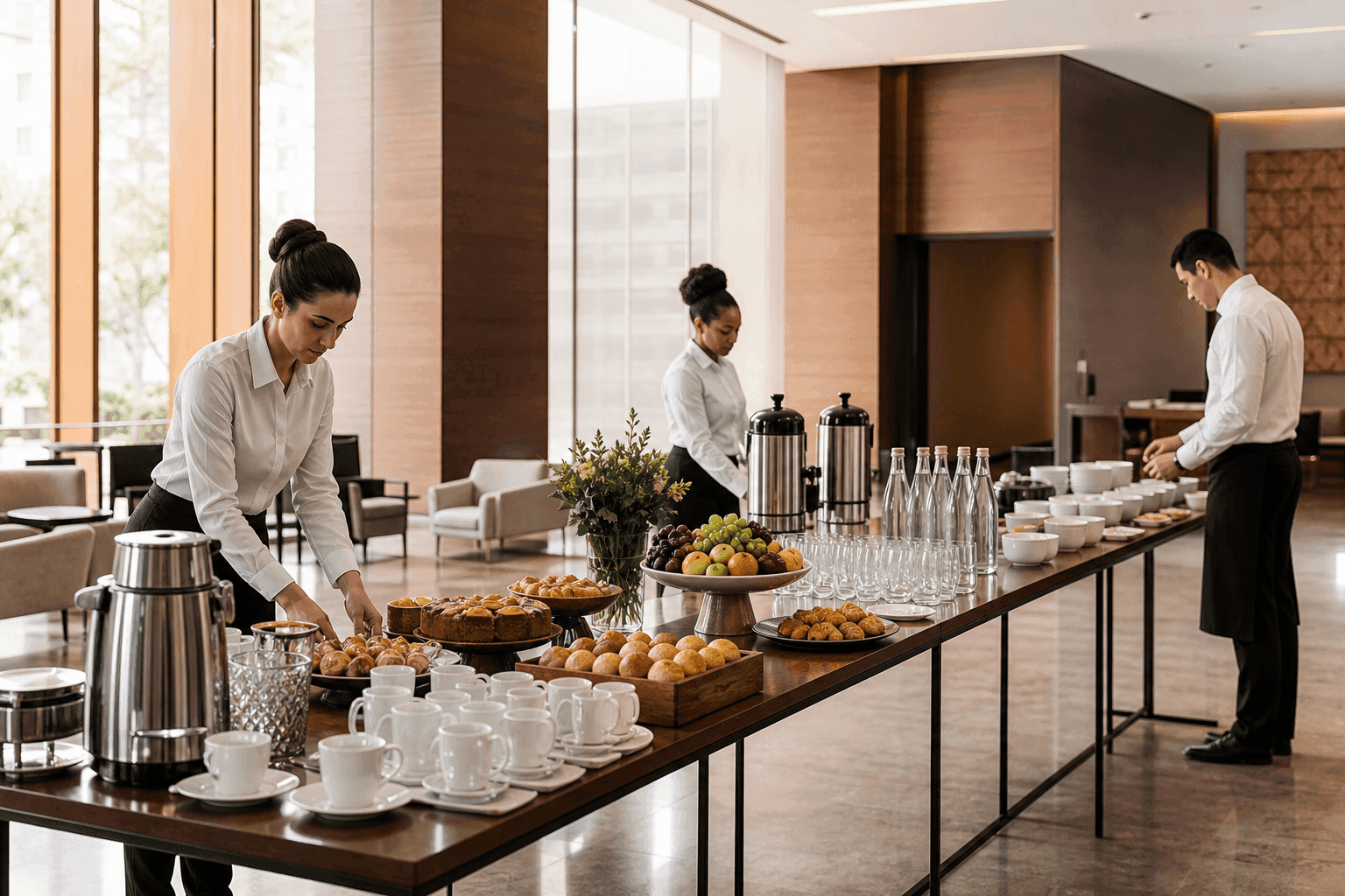Bebidas quentes e frias organizadas em pontos separados no coffee break