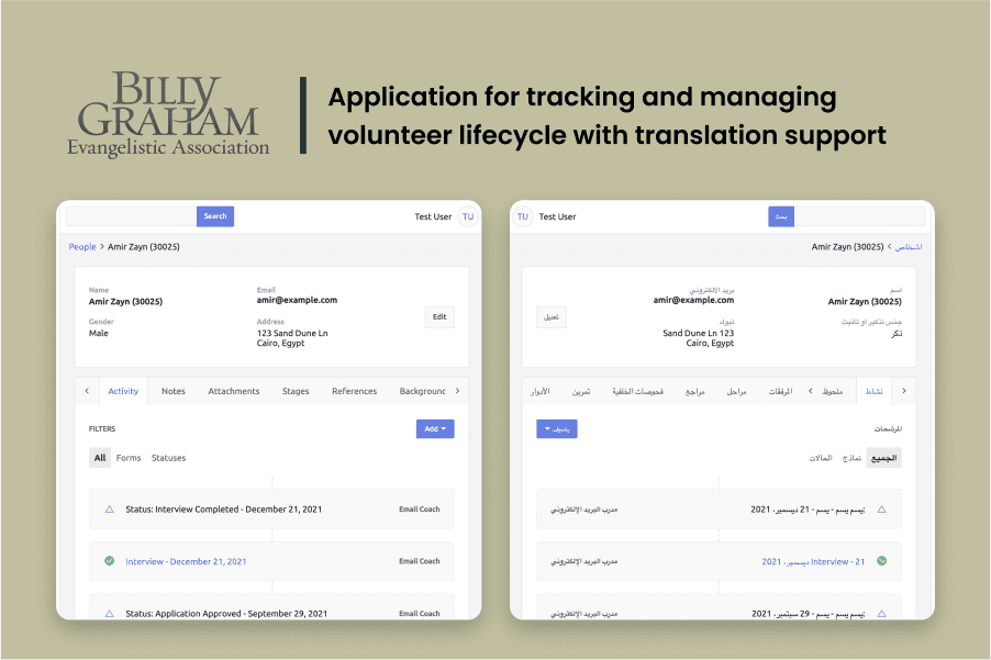 Billy Graham - Application for tracking and managing volunteer lifecycle with translation support