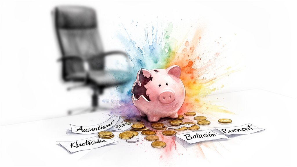 Alcancía rosa rota con monedas y notas de 'Burnout', con silla de oficina borrosa de fondo.