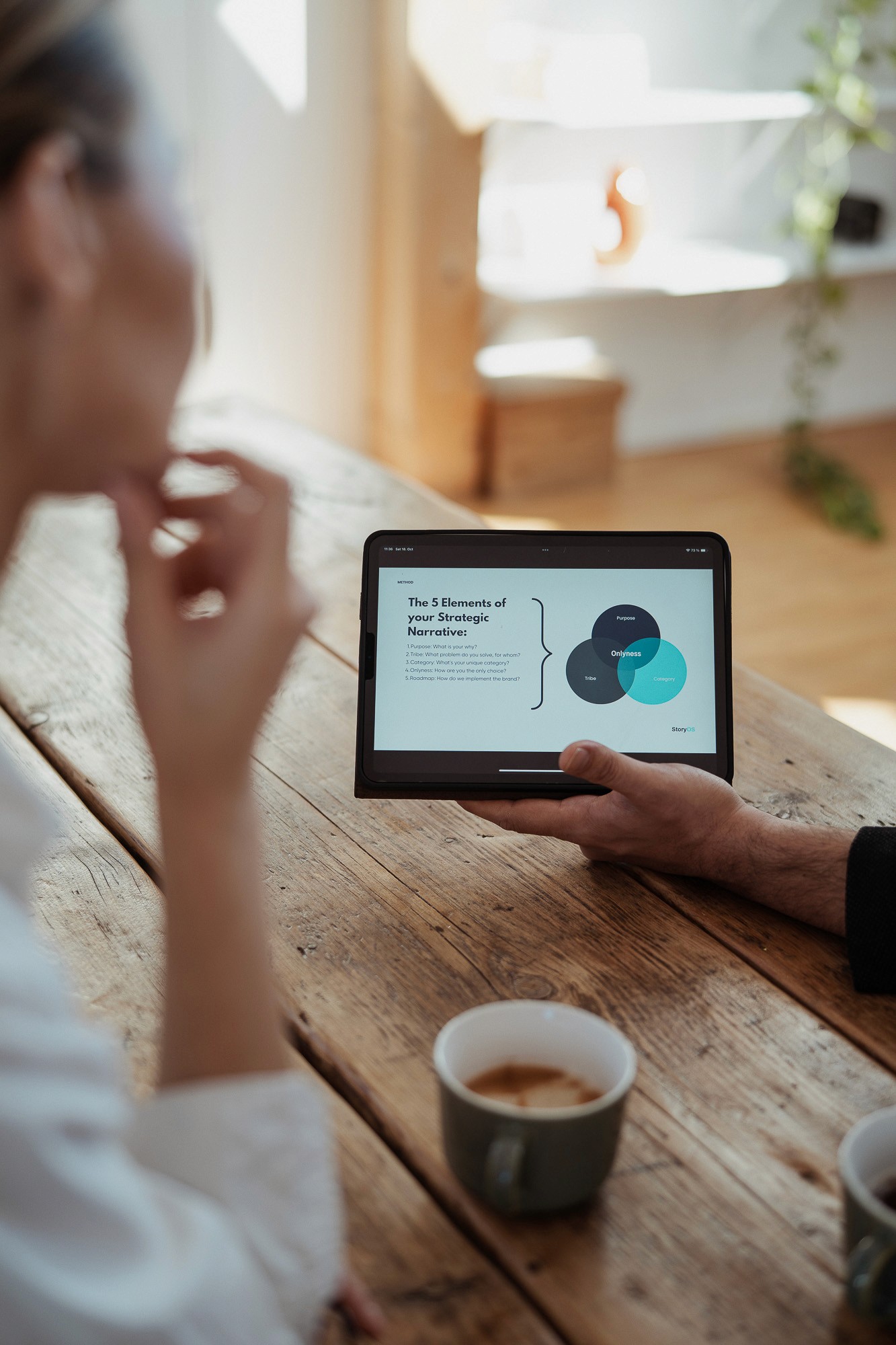 “Tablet screen showing the five elements of a strategic narrative used in StoryOS framework”