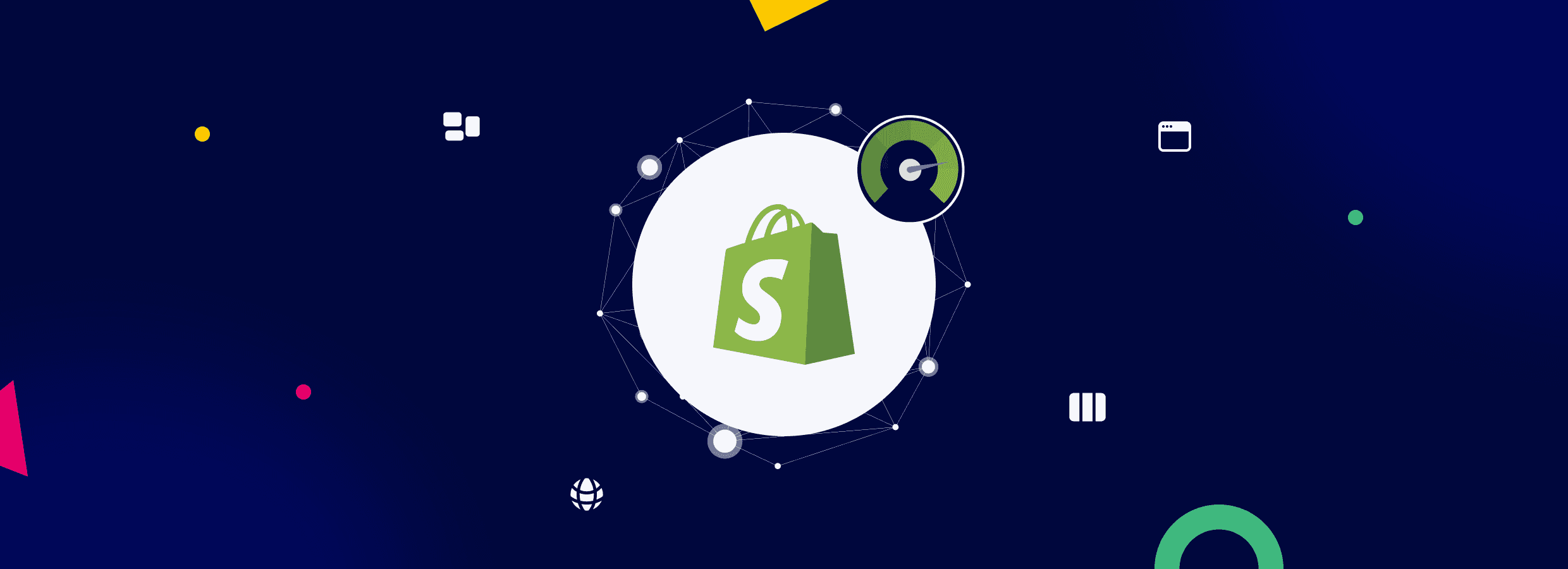 Illustration showing the Shopify logo in the center of a connected network of nodes, with a speed optimization icon nearby, on a dark blue background with colorful abstract shapes.
