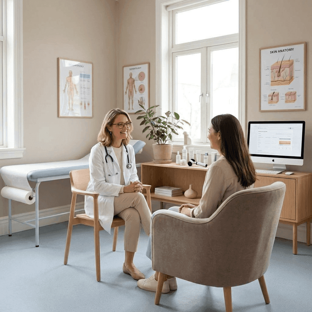 a dermatologist and her patient sit at her office.