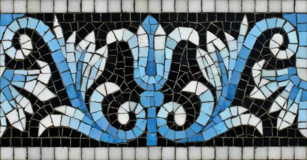 Lotus Palmette mosaic border, Blue and white on black, hand-cut — reference H-09, Mosaiclegs Art Studio