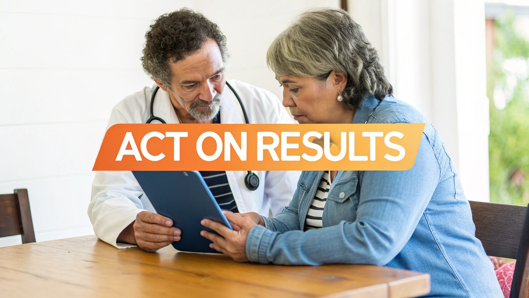 A male doctor and a female patient reviewing information together on a tablet device, with an 'ACT ON RESULTS' overlay.