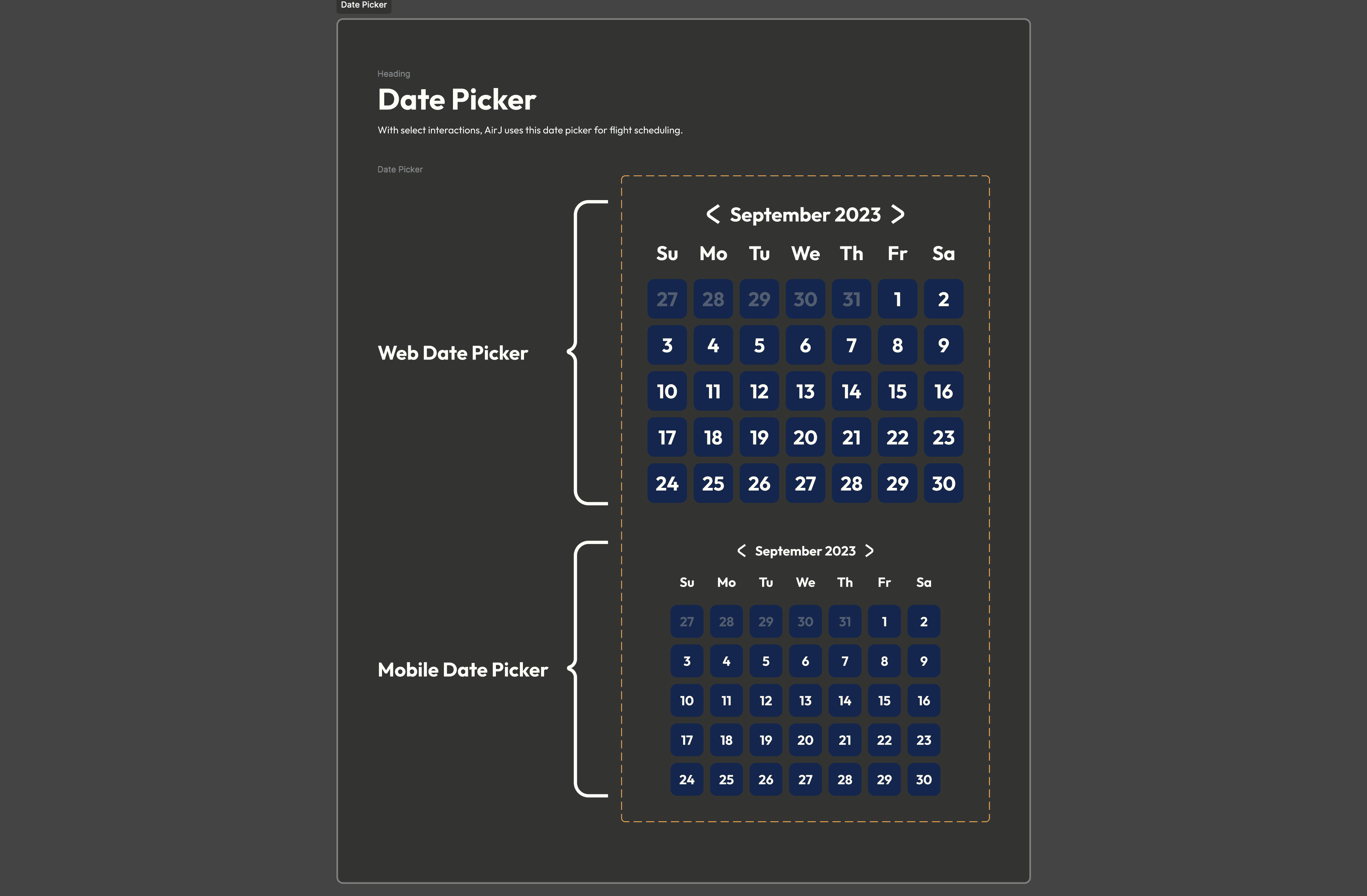 Design system page for date picker components.