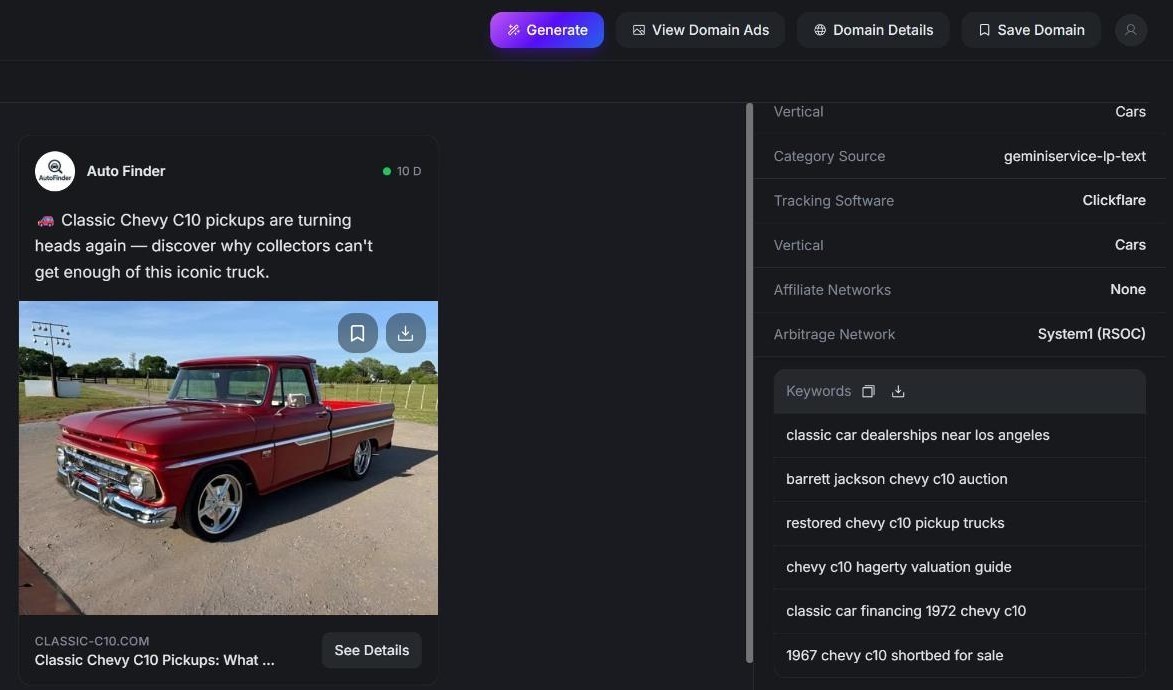 The same ad's tags in AdPlexity Social: vertical Cars, tracking software Clickflare, arbitrage network System1 (RSOC), and the arbitrage keywords behind it